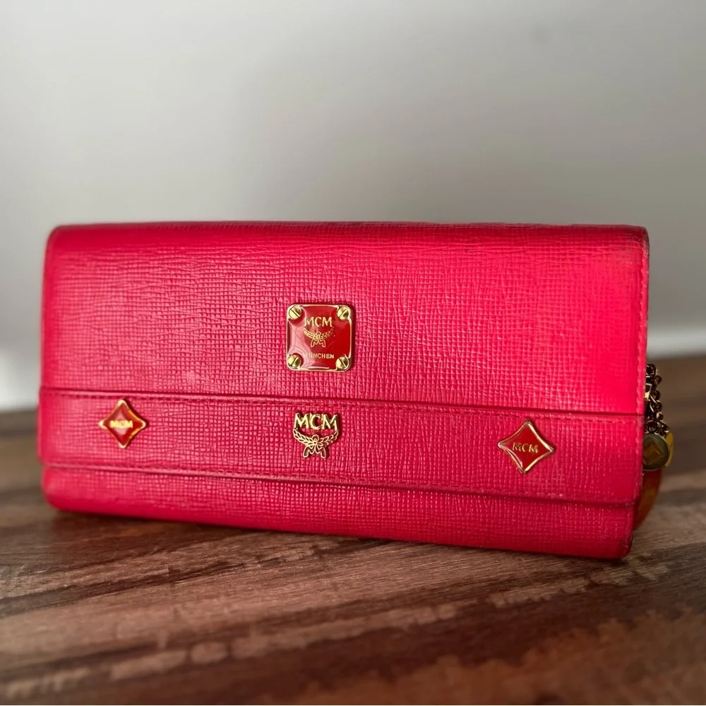 MCM Hot Pink Trifold Leather Wallet with Charms